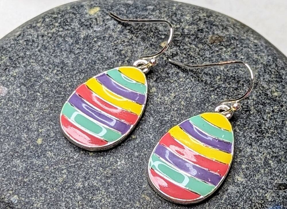 Easter Egg Brightly Striped Hook Style Earrings with Silver Hardware NEW